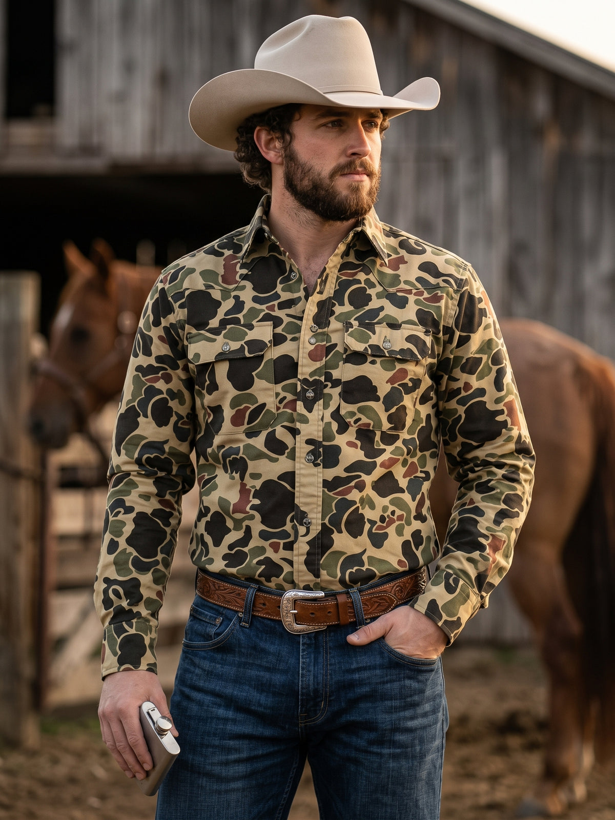 Front view of cowboy wearing Pecos Western vintage duck camo pearl snap shirt with horse and barn in background