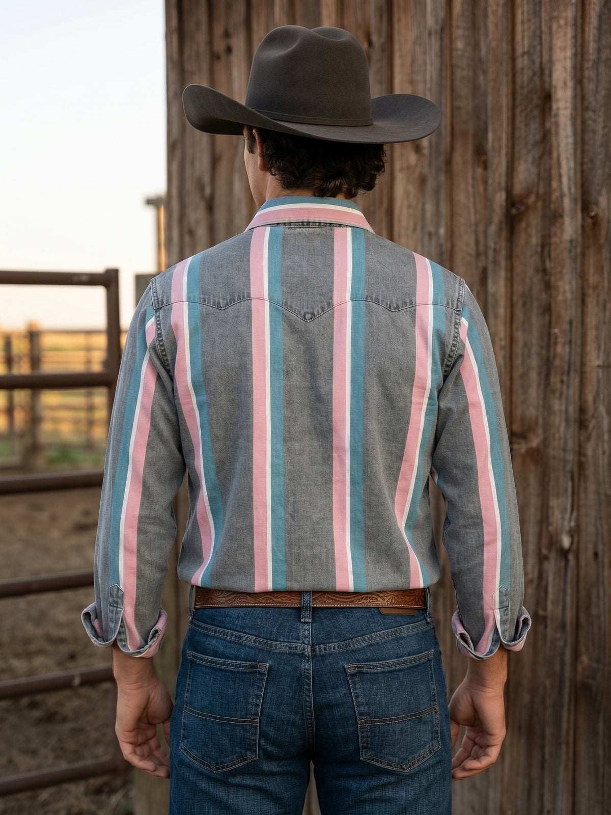 Back view of men's charcoal and pink striped Western shirt showing single-point yoke