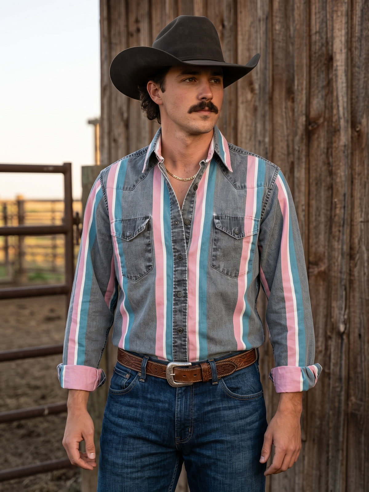 Men's charcoal and pink striped long-sleeve pearl snap Western shirt front view.