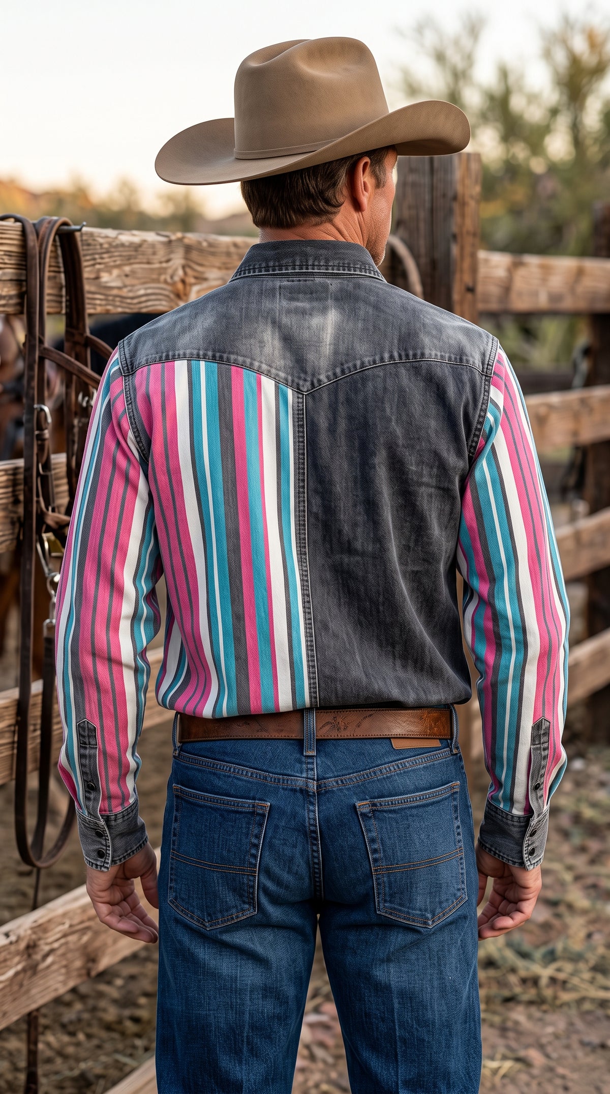 Back view showing single-point yoke and vertical split pattern on Pecos Western pearl snap shirt