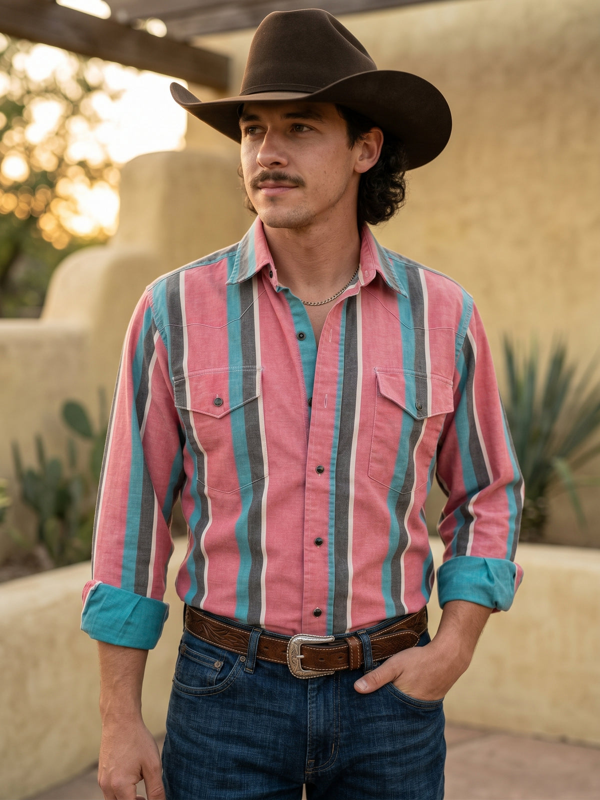 Front view of cowboy wearing Pecos Western coral pink and turquoise striped pearl snap shirt in a Southwestern courtyard