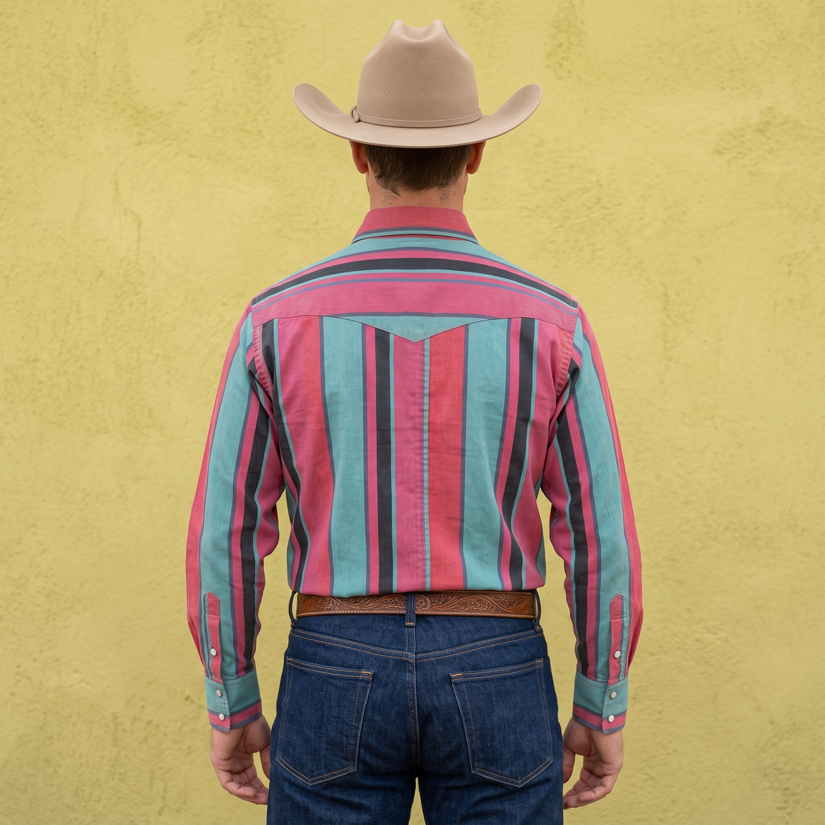 Rear view of men's coral and teal striped Western shirt showing the pointed back yok