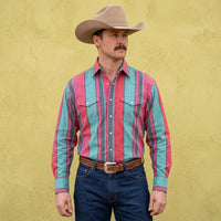 Men's Coral and Teal Striped Pearl Snap Western Shirt