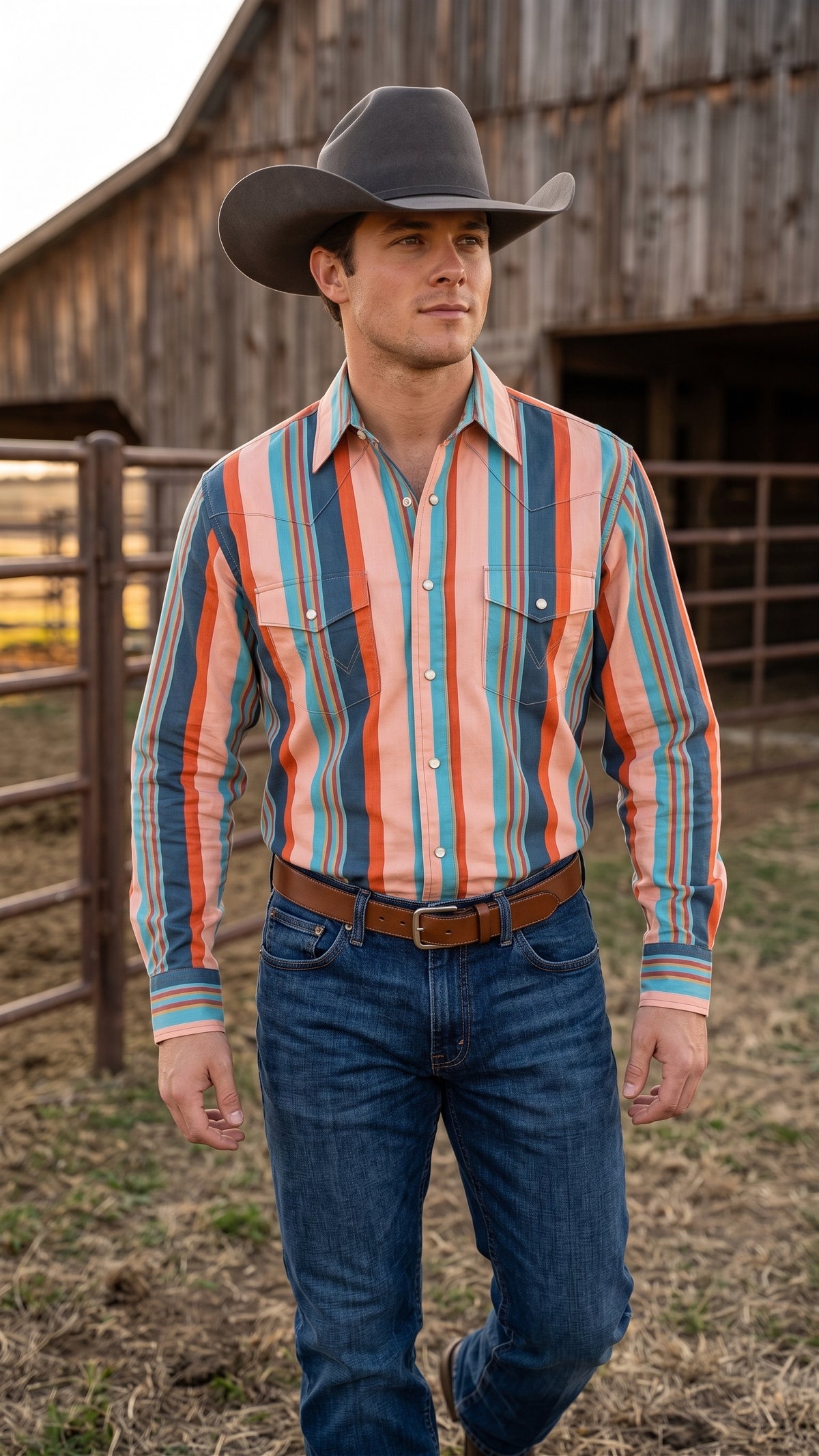 Men's coral and turquoise striped pearl snap Western shirt with pointed chest pockets and spread collar