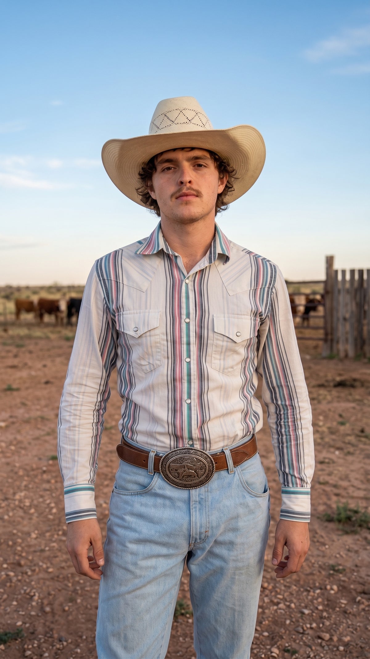 Men's cream multi-stripe pearl snap western shirt featuring front single-point yokes and chest flap pockets