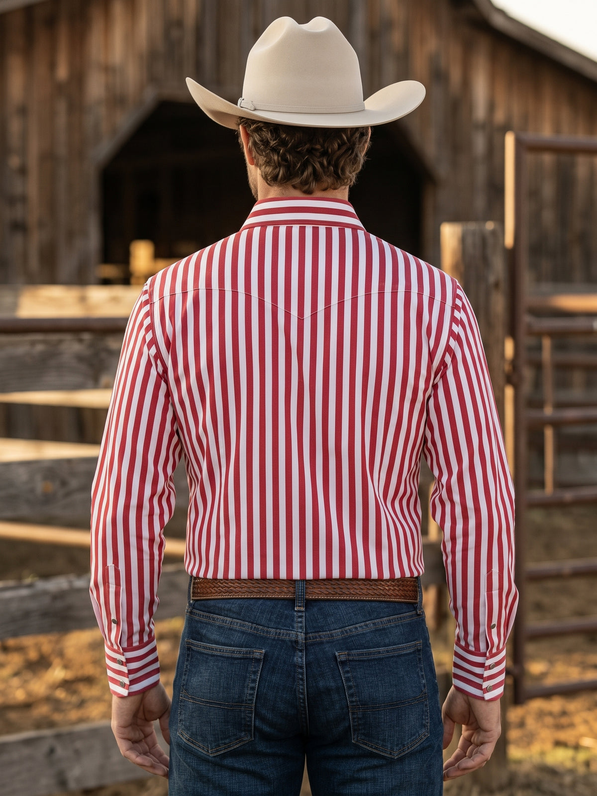 Rear view of man wearing Pecos Western crimson and white vertical striped shirt showing the single-point Western back yoke