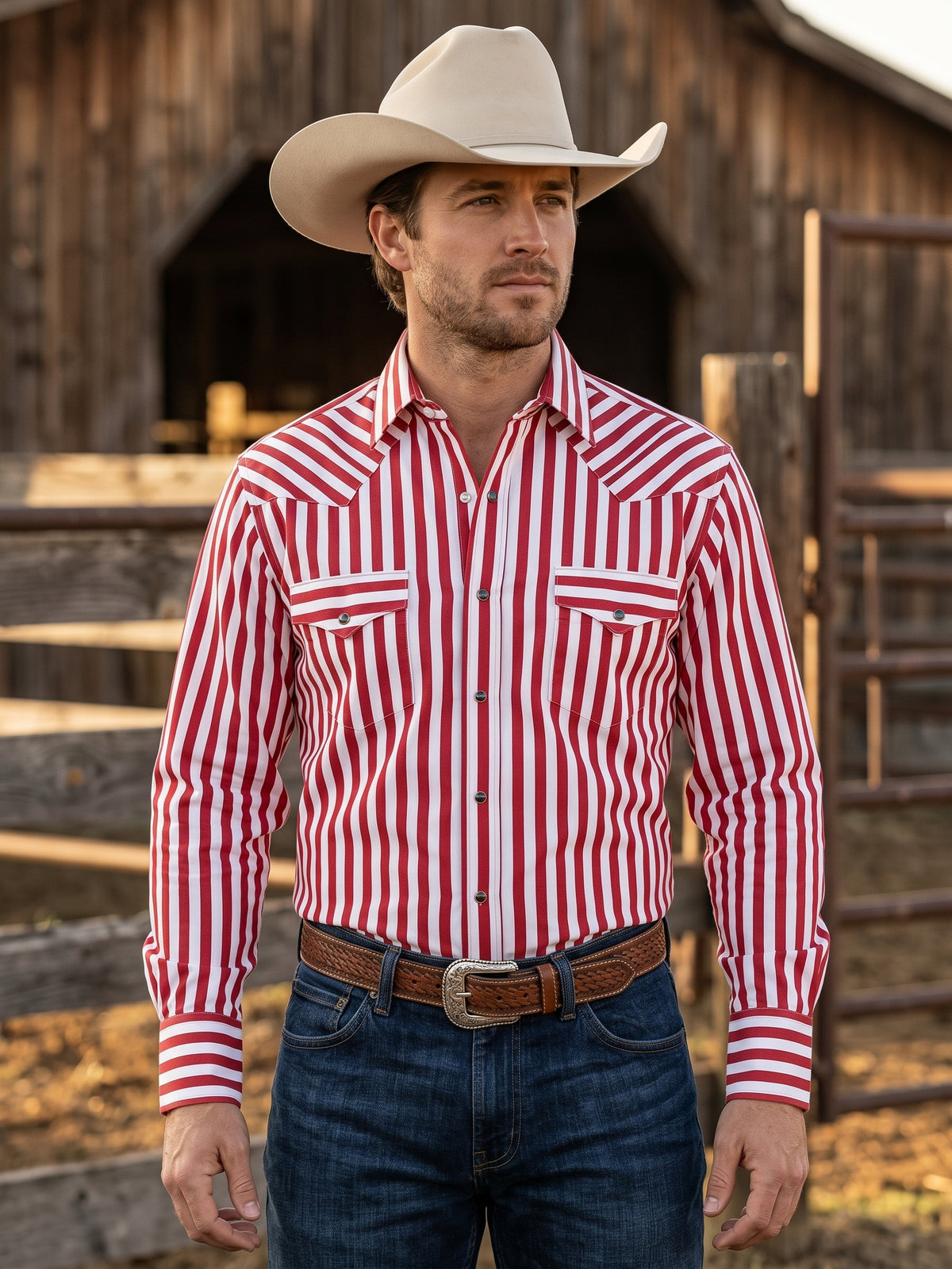 Front view of cowboy wearing Pecos Western crimson and white awning striped pearl snap shirt showing chevron front yokes and flap pockets