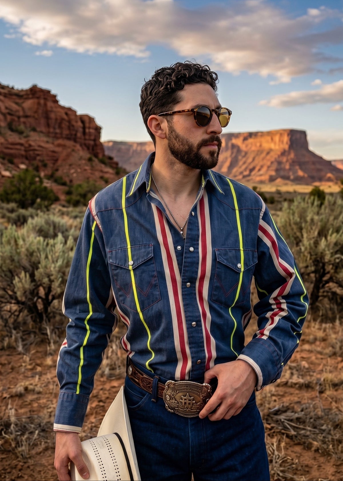 Men's denim blue striped pearl snap western shirt 3/4 front view