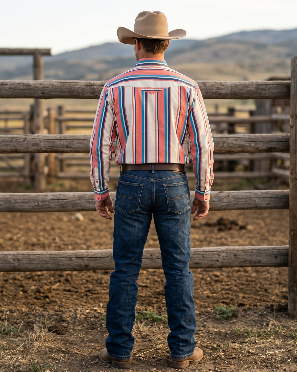 Rear view of men's desert coral and cobalt striped Western shirt showing horizontal shoulder stripes and pointed back yoke