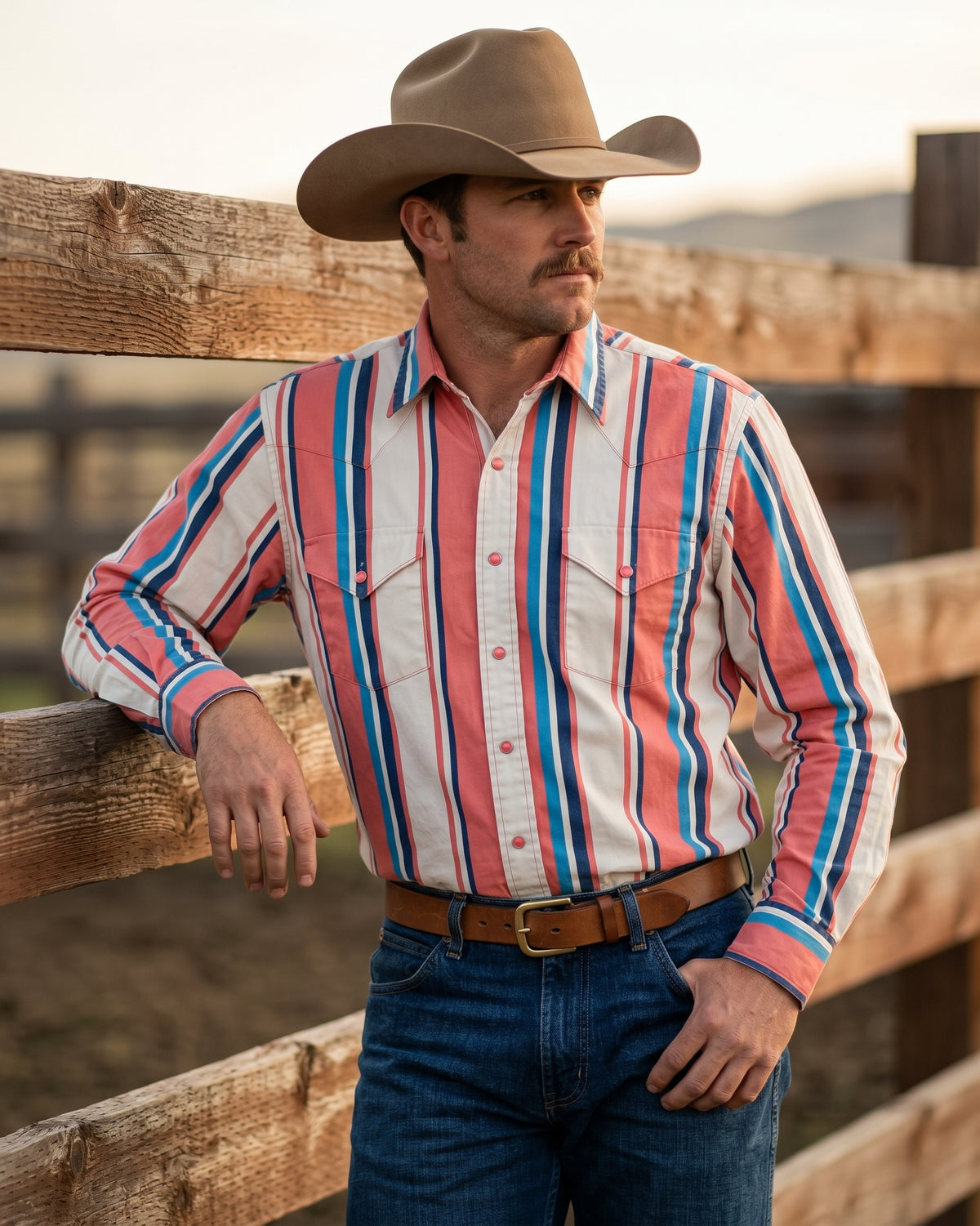 Men's desert coral and cobalt striped pearl snap Western shirt with dual chest flap pockets front view
