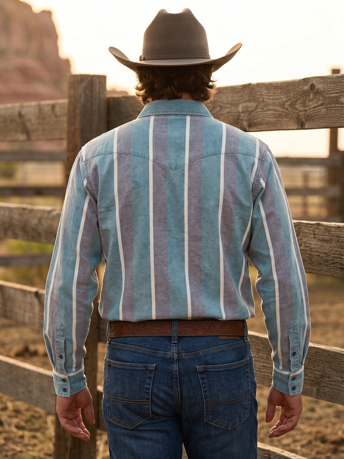 Back view of men's dusty blue striped Western shirt showing the pointed back yoke