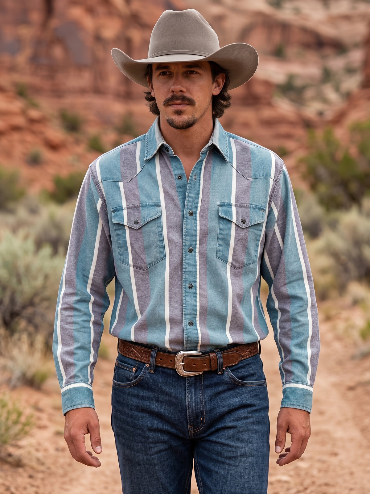 Front outdoor view of men's dusty blue and slate striped Western pearl snap shirt with cowboy hat