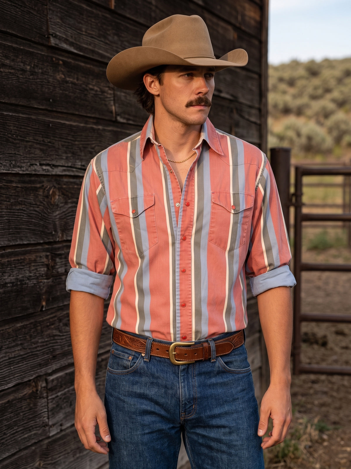 Front view of men's dusty coral and slate striped 100% cotton Western pearl snap shirt with rolled sleeves