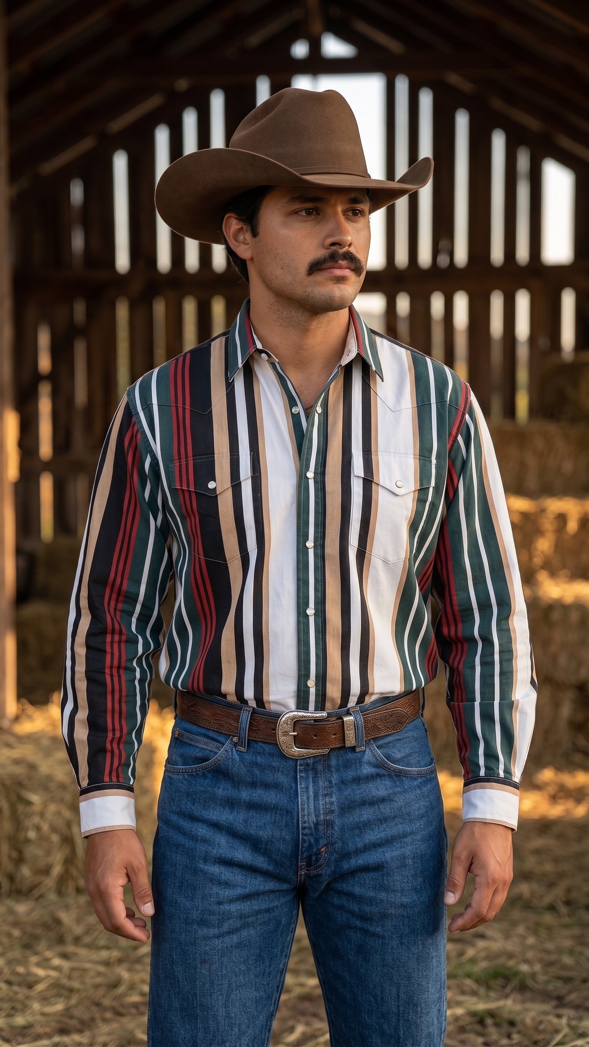 Front view of a man wearing the Pecos Western forest green and burgundy striped pearl snap shirt in a rustic barn setting