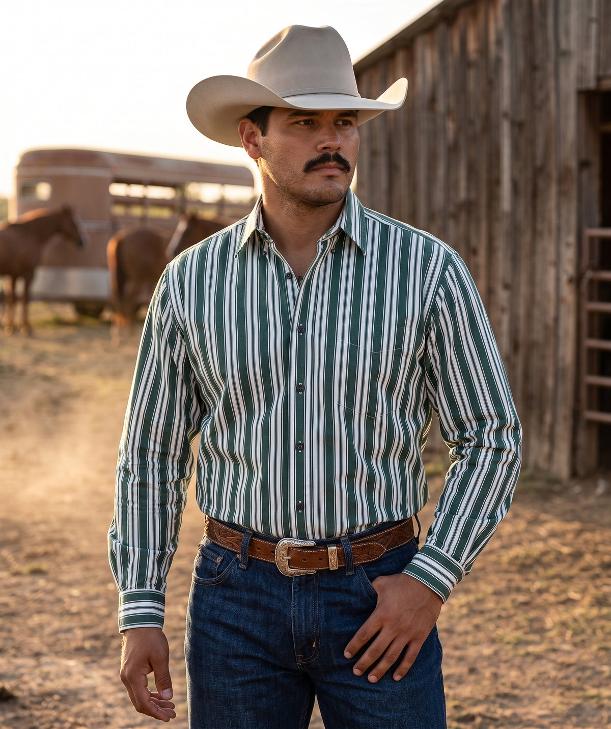Front view of men's forest green striped western shirt with chest pocket