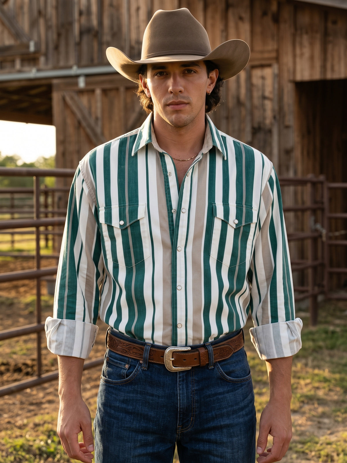Men's forest green and tan striped pearl snap Western shirt with dual chest pockets front view