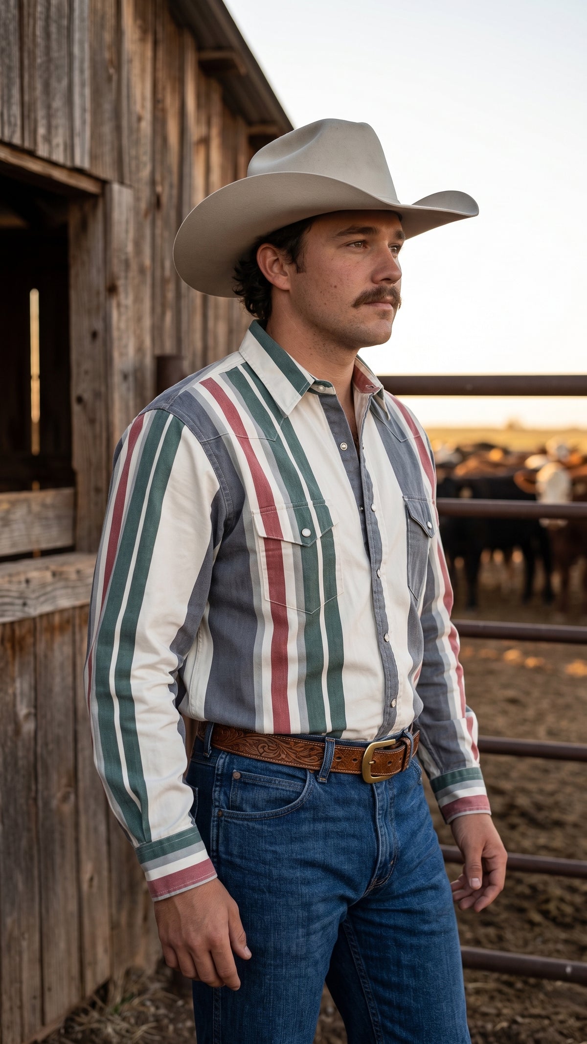Men's striped pearl snap western shirt 3/4 front view