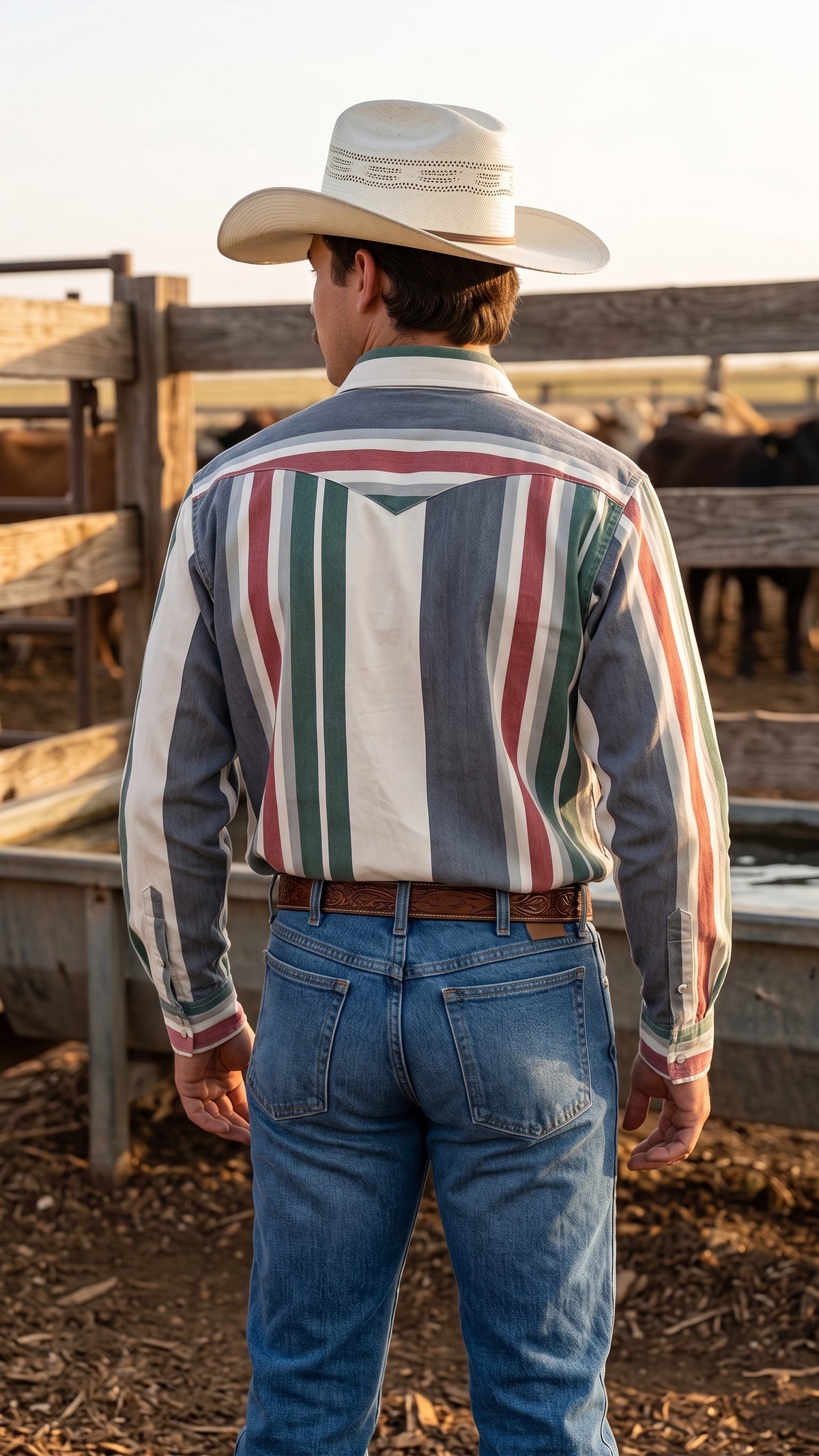 Back view of men's striped western shirt showing pointed yoke detail