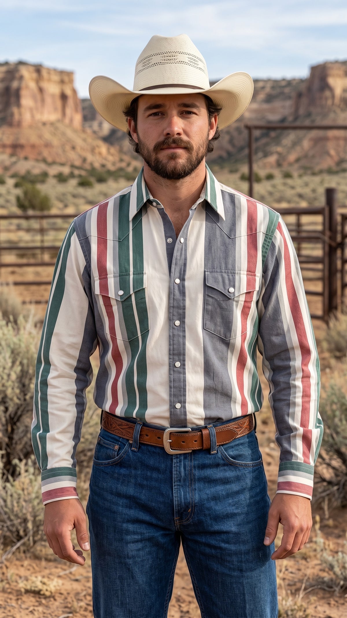 Front view of men's green and red striped western shirt with chest pockets