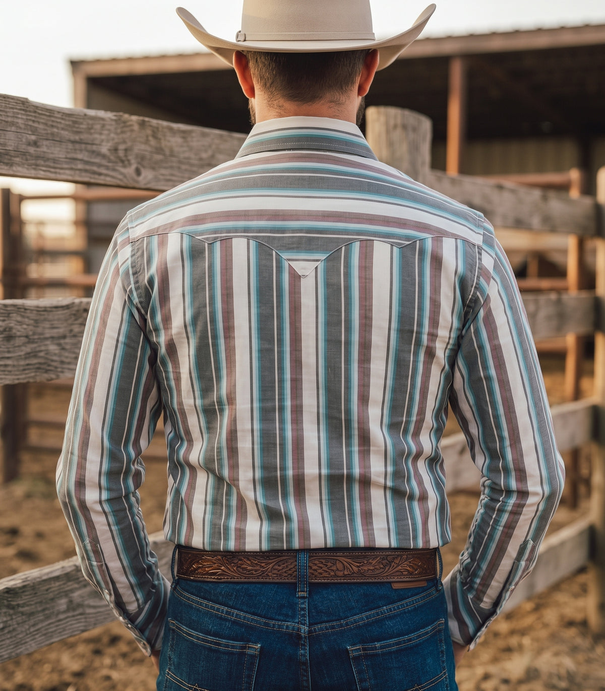 Rear view of man wearing Pecos Western grey and turquoise vertical striped Western shirt highlighting the horizontal striped back yoke
