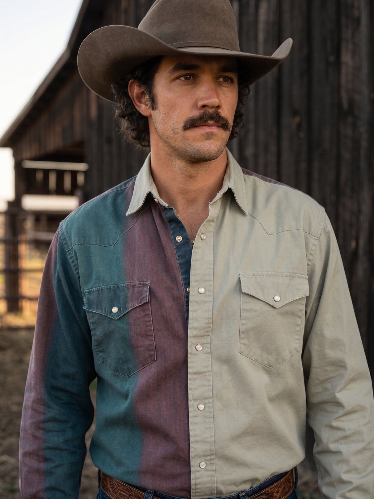 Medium front view of men's two-tone khaki and green colorblock Western shirt with white pearl snaps