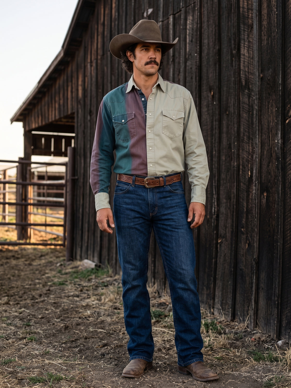 Full body view of men's khaki split-panel colorblock Western pearl snap shirt with cowboy hat and boots