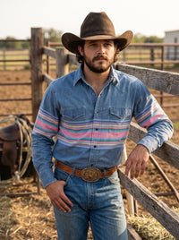 Men's Light Blue Striped Pearl Snap Western Shirt