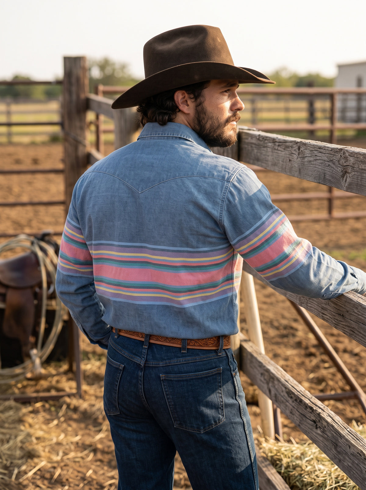 Back view of men's western shirt showing single-point yoke and horizontal stripe pattern