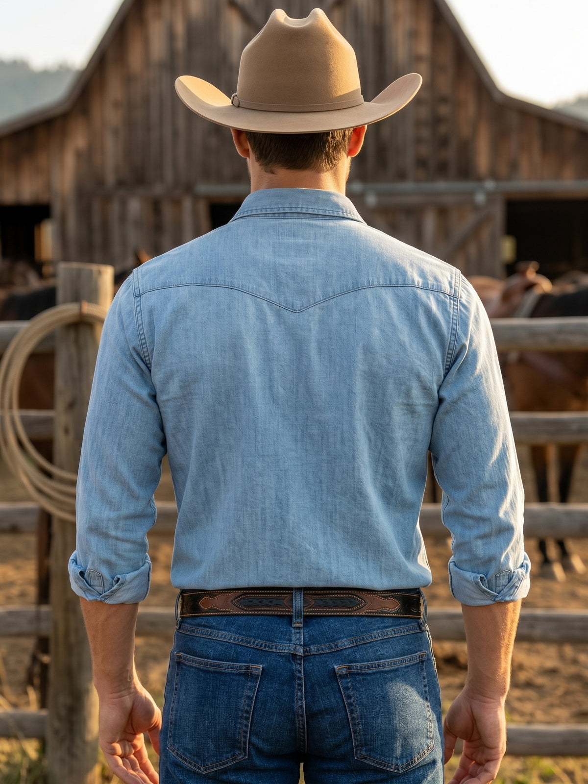 Rear view of man wearing Pecos Western light wash denim shirt showing the single-point Western back yoke