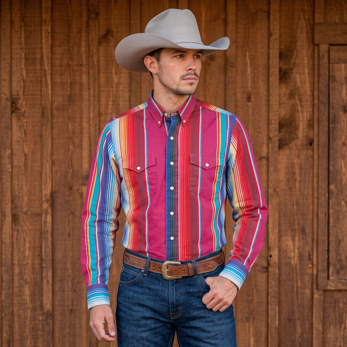 Front view of cowboy wearing Pecos Western magenta and turquoise serape striped pearl snap shirt by rustic wood barn