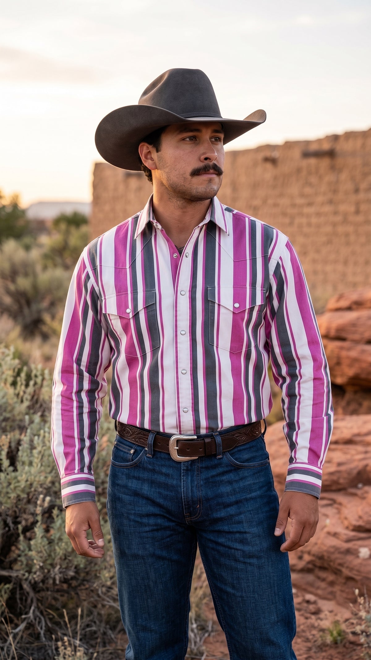 Front view of men's magenta and charcoal striped pearl snap western shirt