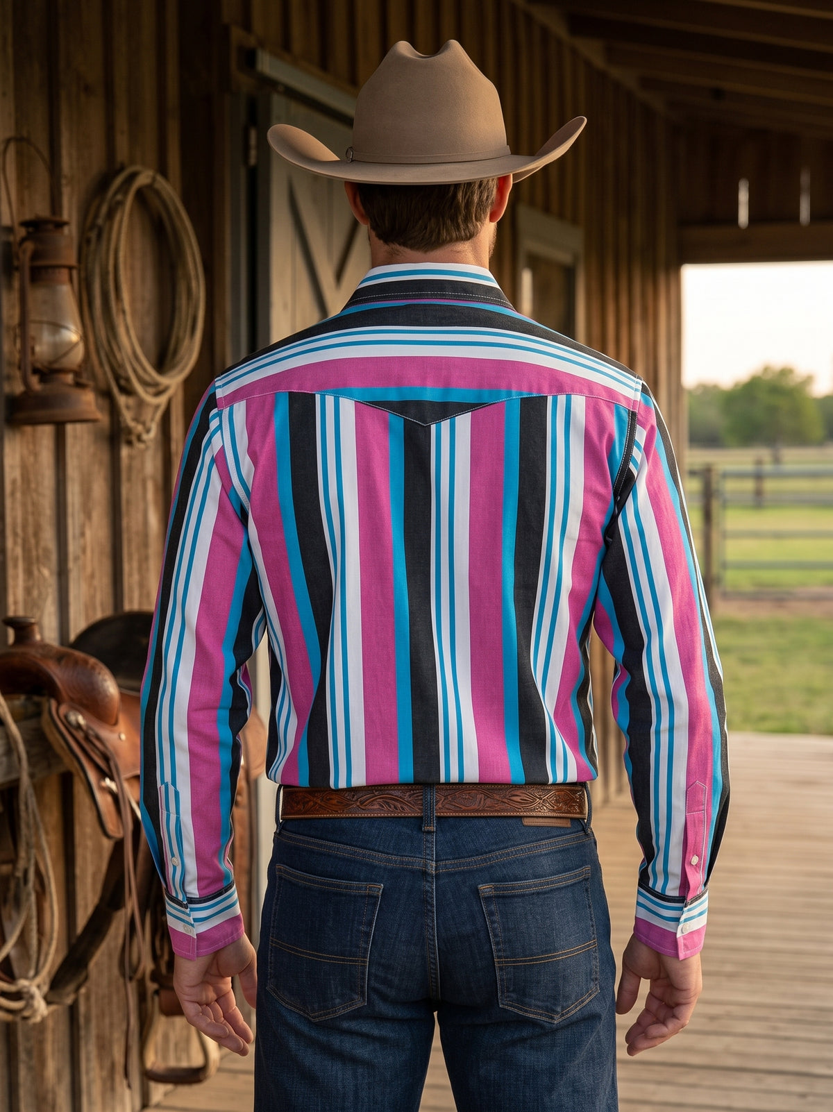 Front view of man wearing Pecos Western magenta and turquoise vertical striped pearl snap shirt by ranch barn