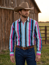Men's Magenta Turquoise Striped Pearl Snap Western Shirt