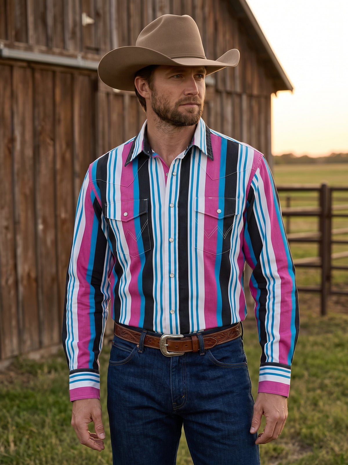 Rear view of cowboy wearing Pecos Western magenta and turquoise vertical striped Western shirt showing horizontal striped back yoke