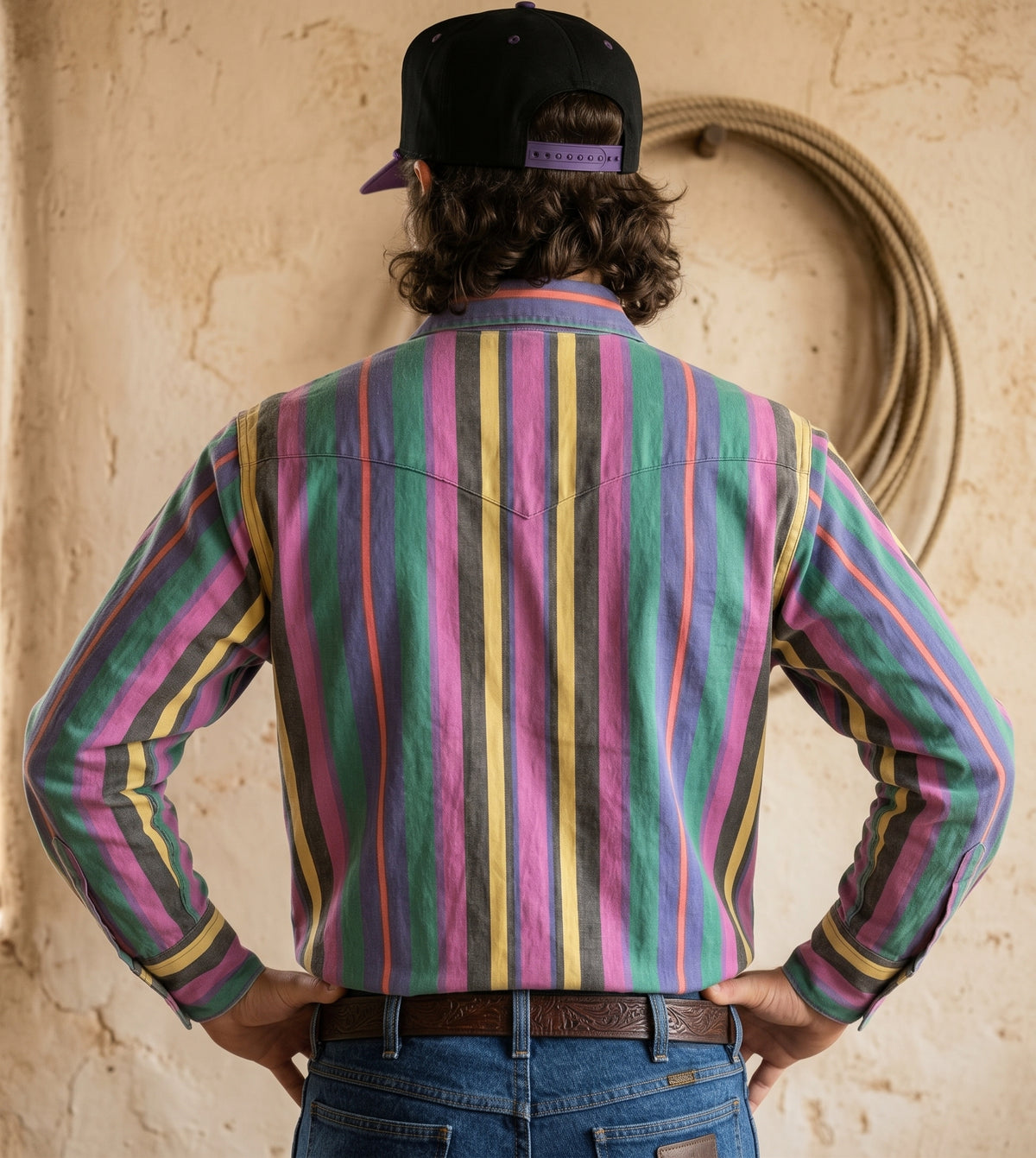 Back view of men's multi-color striped western shirt showing single-point yoke