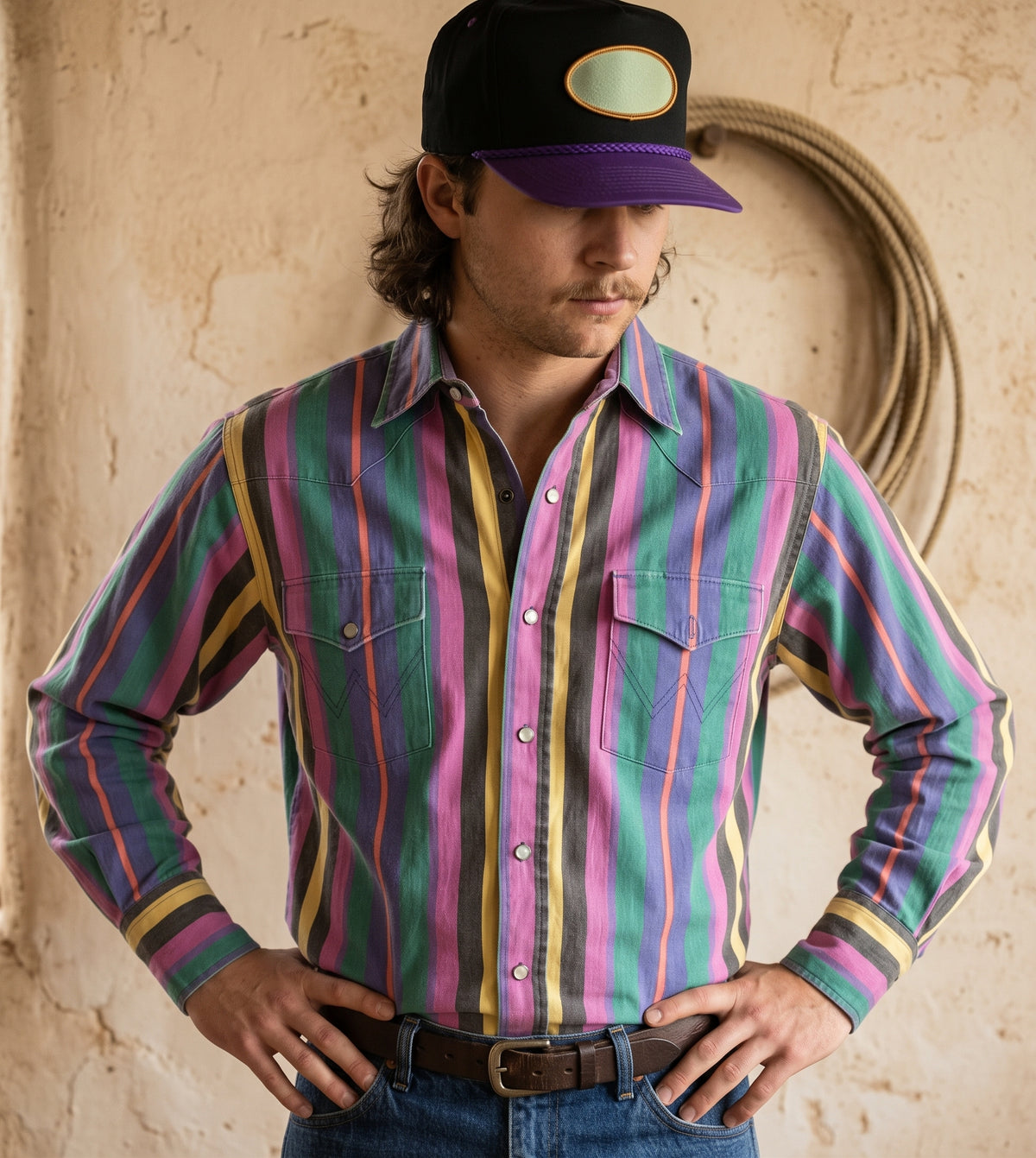 Men's multi-color striped long sleeve pearl snap western shirt front view