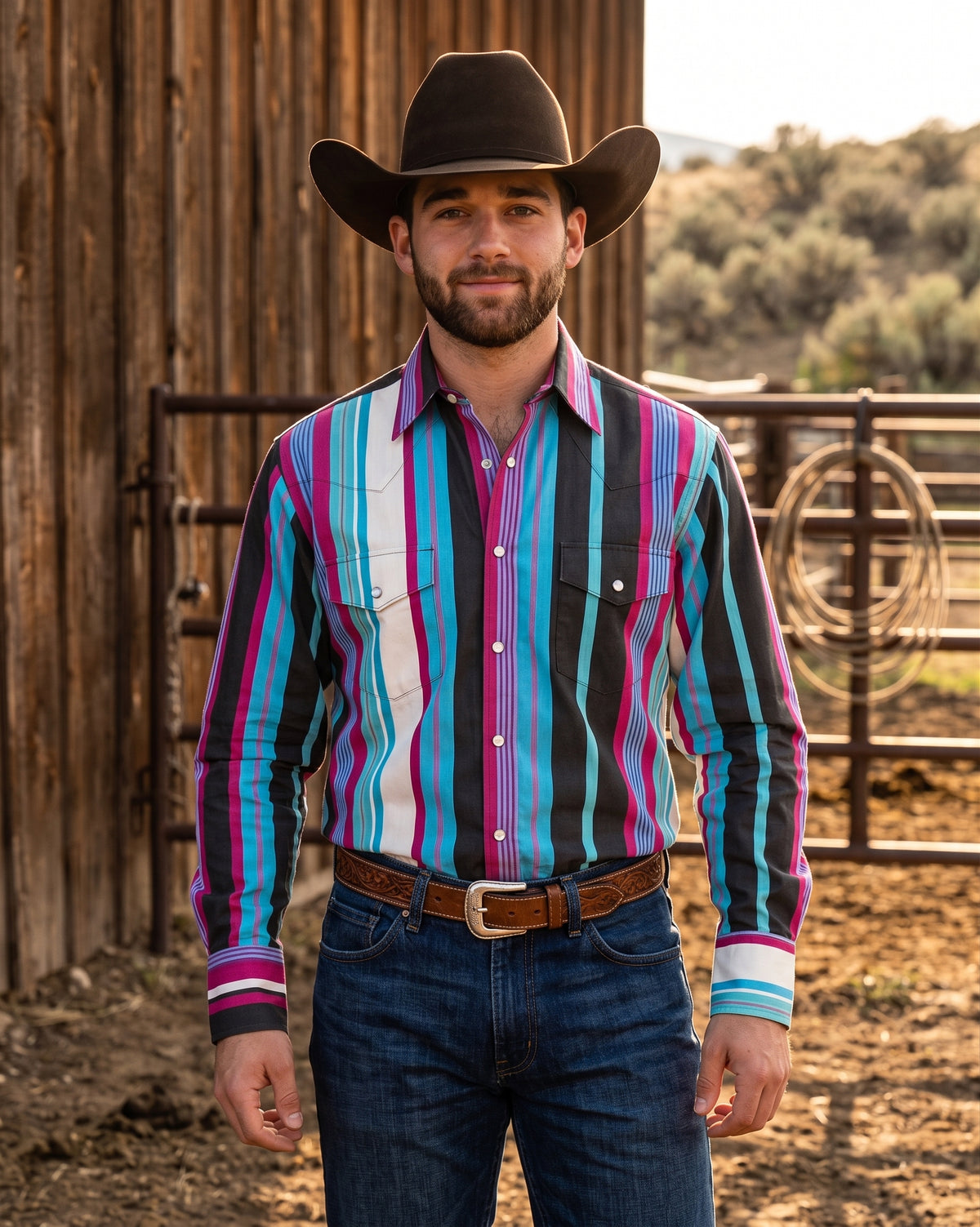 Men's multi-stripe pearl snap western shirt 3/4 front view