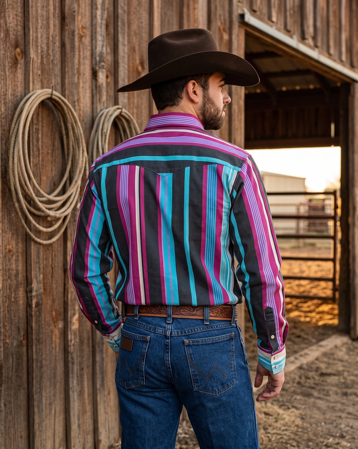 Men's multi-stripe western shirt featuring pointed back yoke