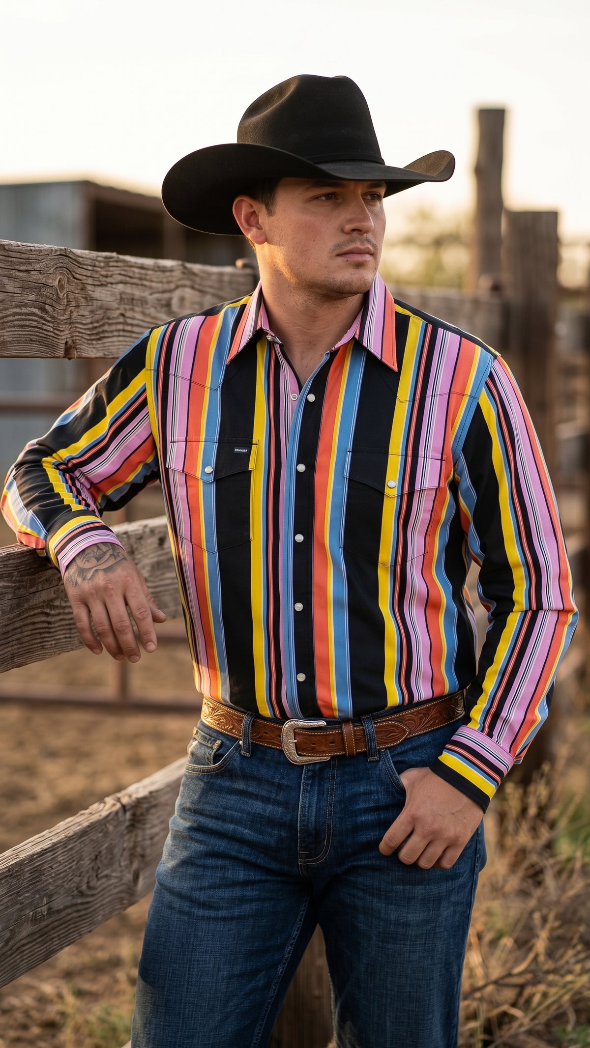 Front view of a cowboy wearing a men's multi-color striped pearl snap Western shirt leaning on a corral fence