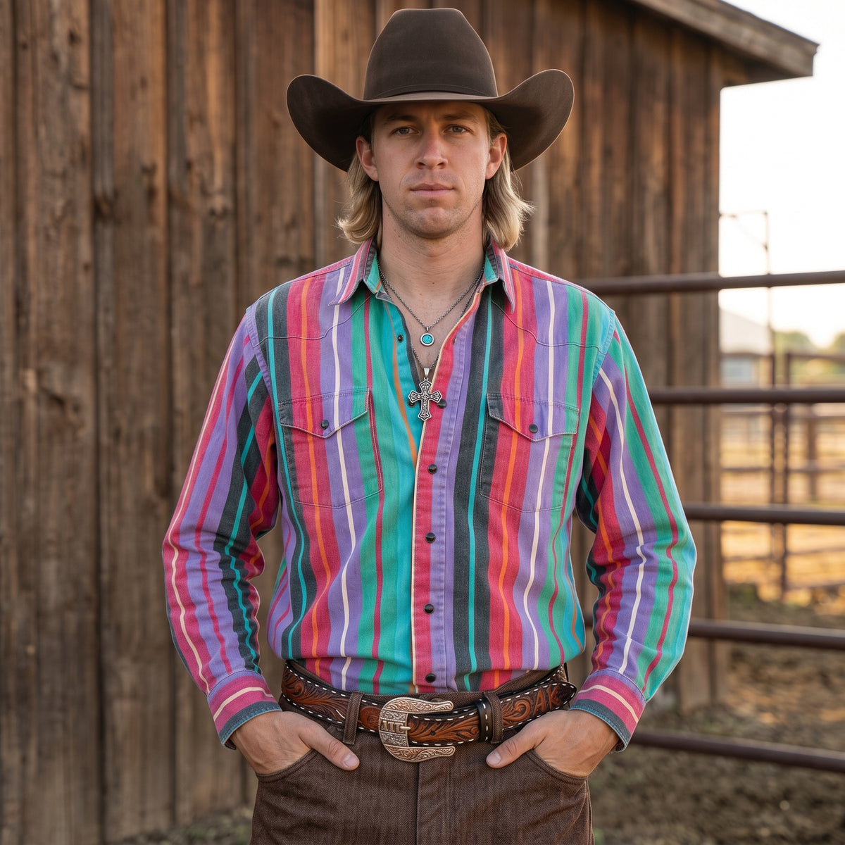 Men's multicolor serape stripe pearl snap western shirt front view with brown cowboy hat and tooled belt