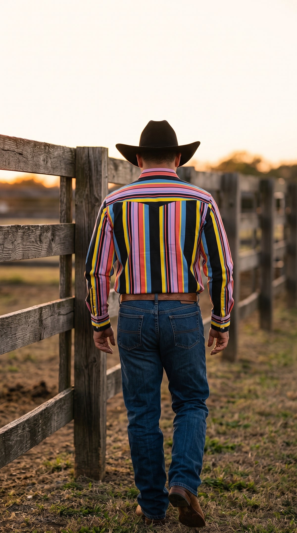 Rear view of a cowboy wearing a multi-color vertical stripe Western shirt showcasing the horizontal striped back yoke