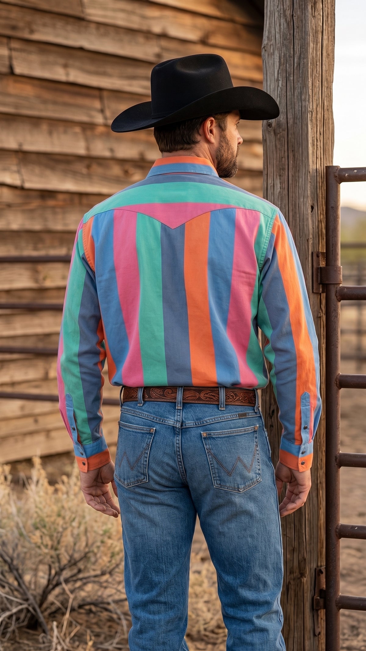 Back view of man in multicolor striped western shirt showing single-point back yoke beside a wooden ranch post