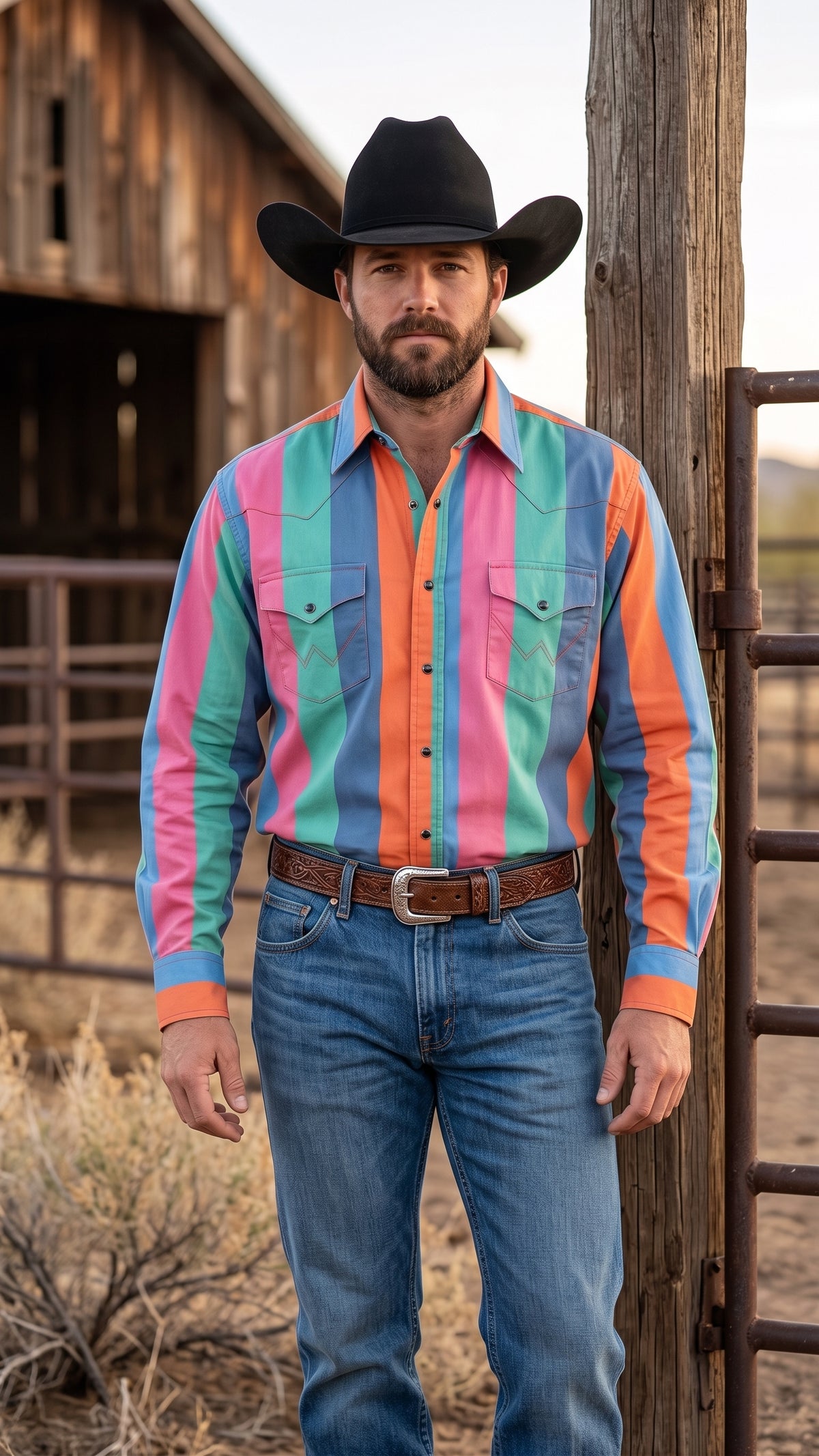 Close-up front view of men's multicolor striped pearl snap western shirt showing pointed yoke and chest pocket details