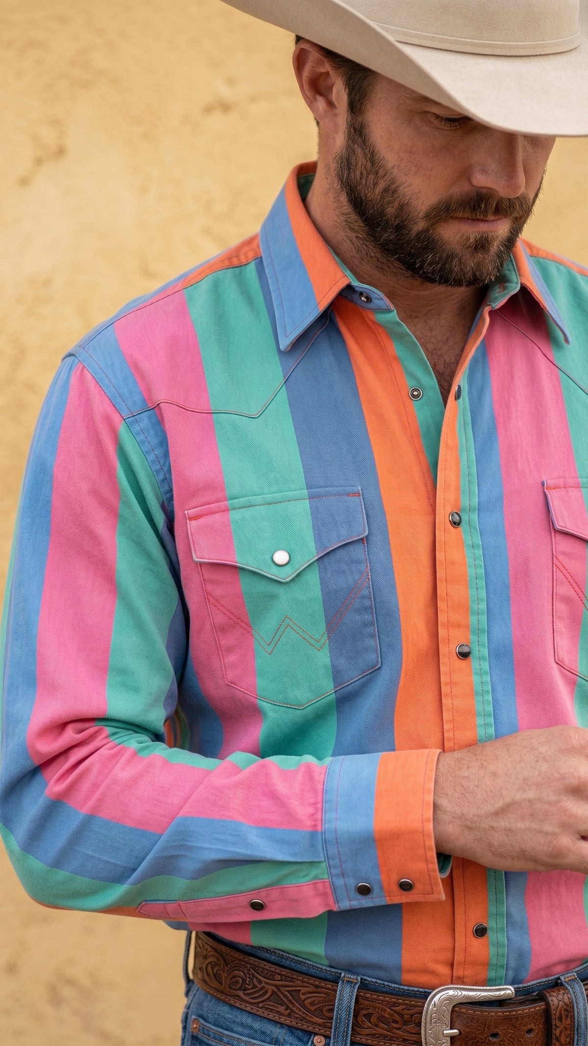 Full standing shot of man wearing multicolor striped pearl snap shirt with blue jeans and black cowboy hat