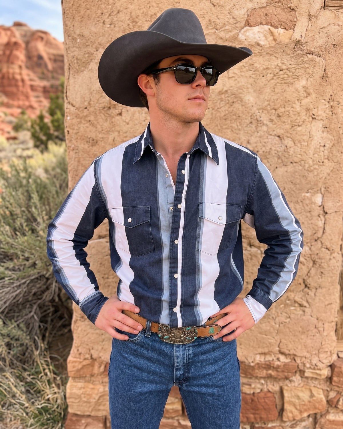 Front view of men's navy and white striped pearl snap Western shirt