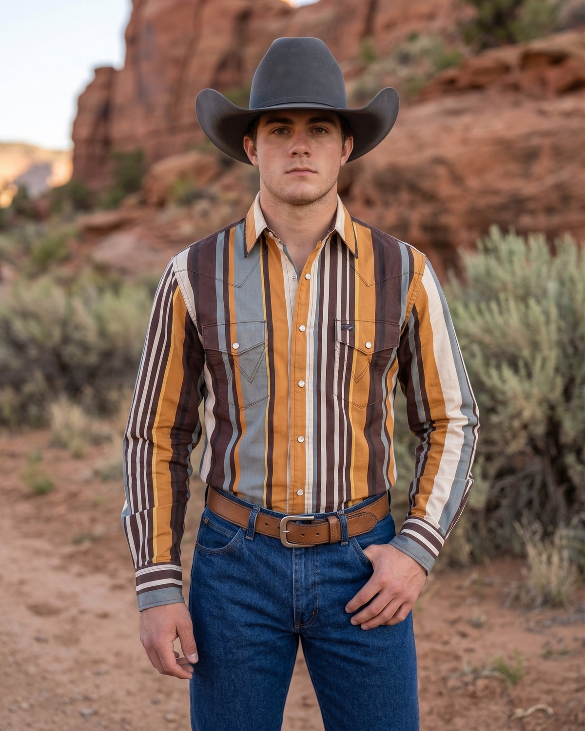 Men's ochre and brown multi-striped pearl snap Western shirt with pointed front yokes and snap flap chest pockets
