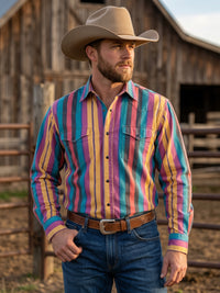 Men's Ochre Turquoise Striped Pearl Snap Western Shirt