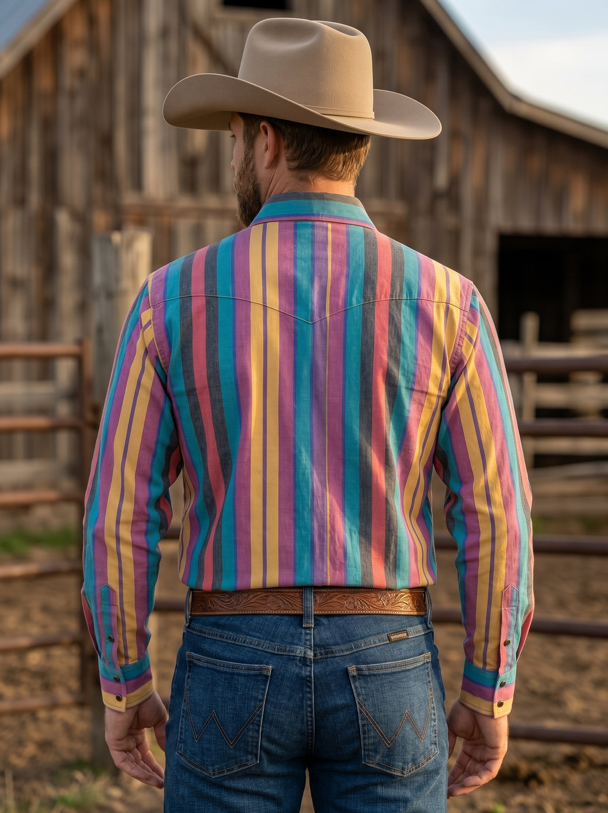 Rear view of man wearing Pecos Western ochre and turquoise vertical striped Western shirt showing the curved back yoke