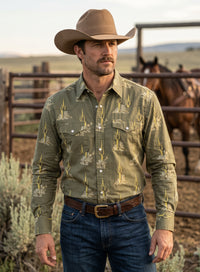 Men's Olive Green Cactus Print Pearl Snap Western Shirt