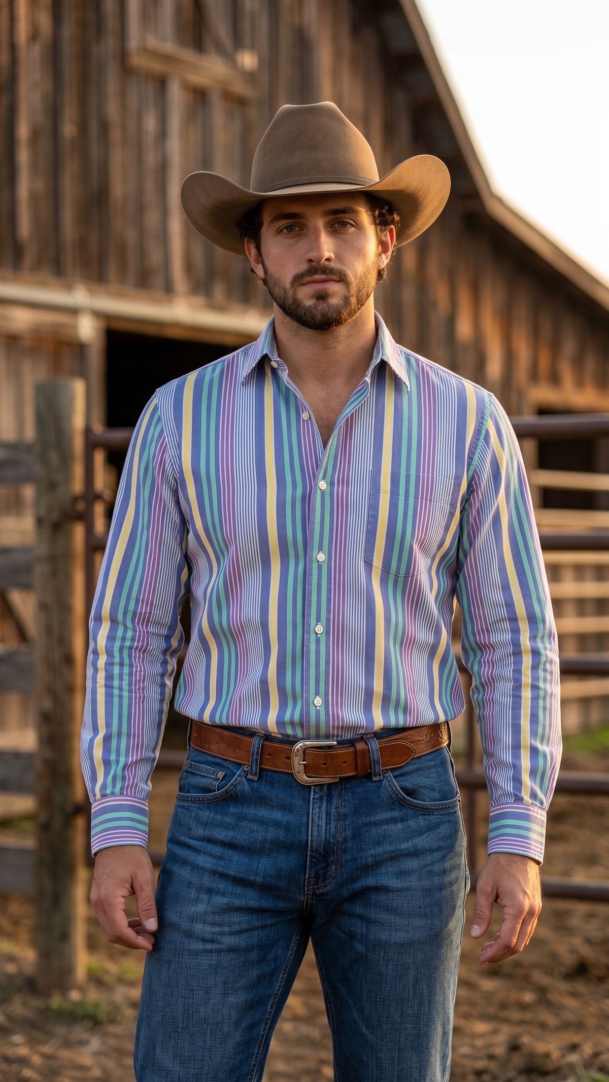Front view of men's pastel multi-stripe pearl snap western shirt